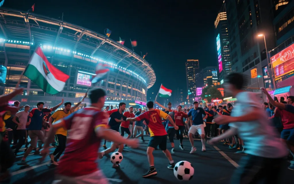 夜色体育场外的多元人群与旗帜纹理、霓虹灯光、舞蹈与足球动作同框的视觉概念，占位图