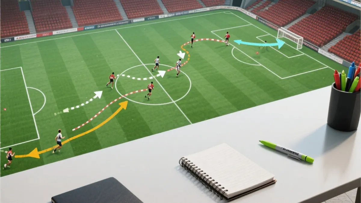 解说复盘视角：战术板、球场俯拍、球员跑动路线的分析画面